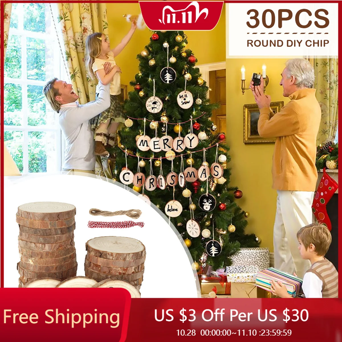 

30pcs Natural Pine Wood Slices Unfinished Wooden Log Kit Predrilled Wood Chip with Rope Circles Arts Painting DIY Crafts Decor