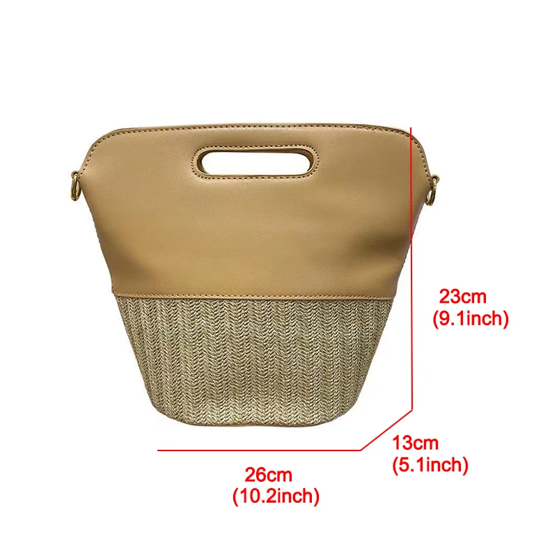 

Fashion Splice Pu Learher Straw Women Handbag Contract Color Big Capacity Women Shoulder Bag Beach Straw Bucket Women's Bag 2021