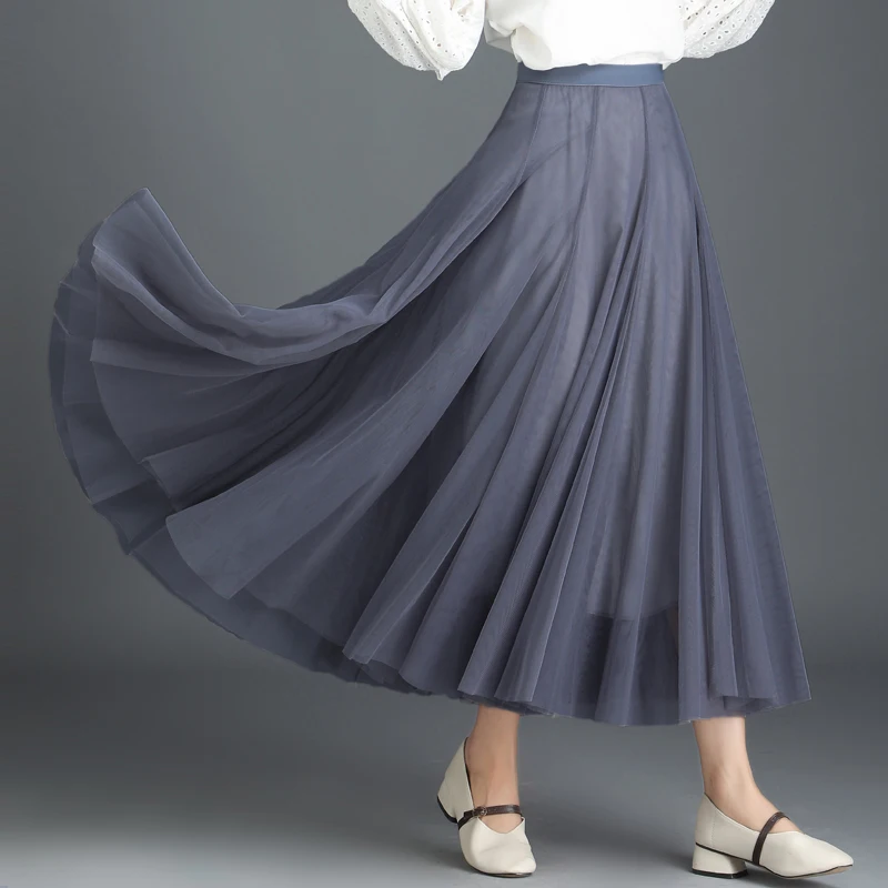 Tulle Skirts Womens Midi Pleated Skirt Black Pink Elastic High Waist Korean 2019 New Spring Summer Vintage Mesh Tutu | Женская одежда