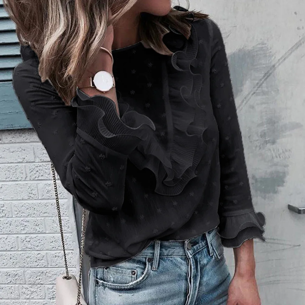 Feitong Women Ladies Blouses And Tops Casual Ruffles Lace Polka Dot O Neck Shirt Long Sleeve Blouse blusas mujer de moda