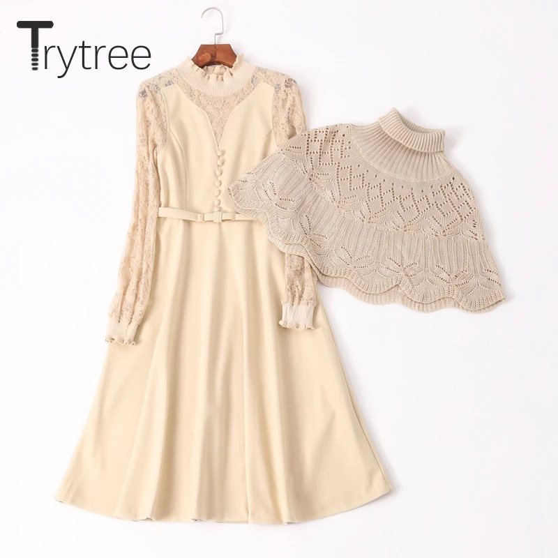 Trytree Осень Зима Женское платье на каждый день шаль с отложным воротом кружевное в