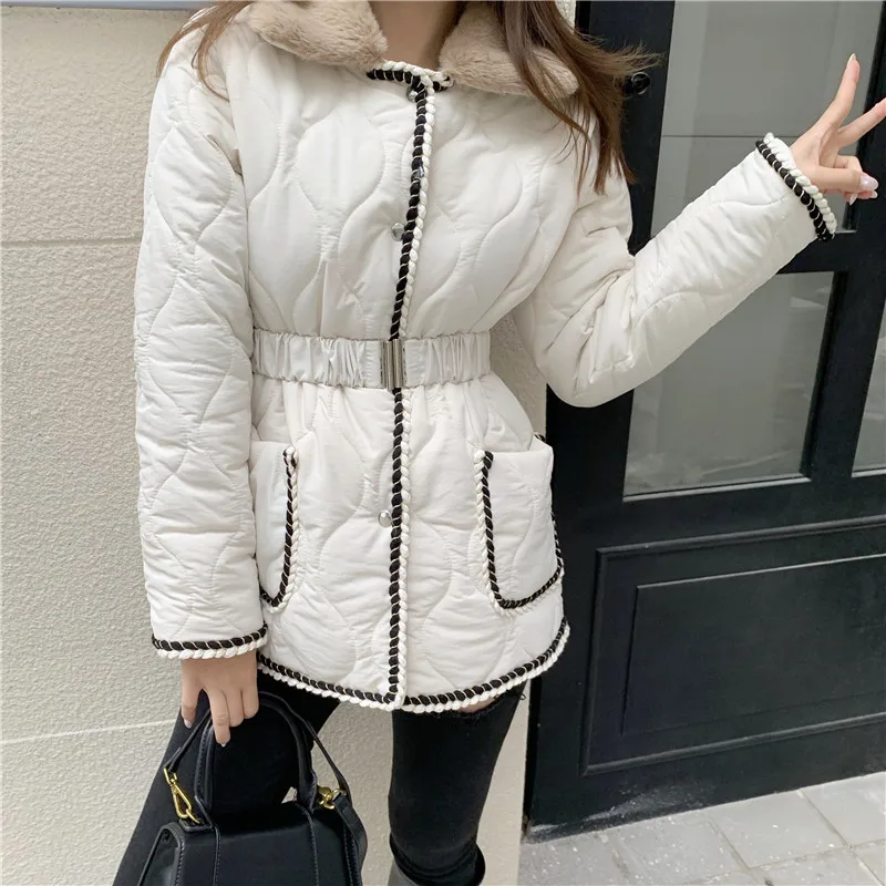 

Women Loose Fur Collar Parkas Warm 2021 Winter Adjustable waist Long Sleeve Pockets Jacket Belt Coat Female Overcoat INKEO 9O122