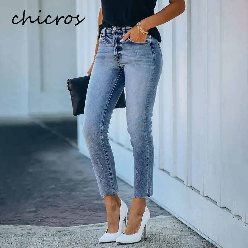 

Узкие элегантные джинсовые брюки Chicros, повседневные женские джинсовые брюки с высокой талией, осенне-зимние однотонные облегающие Женские ...
