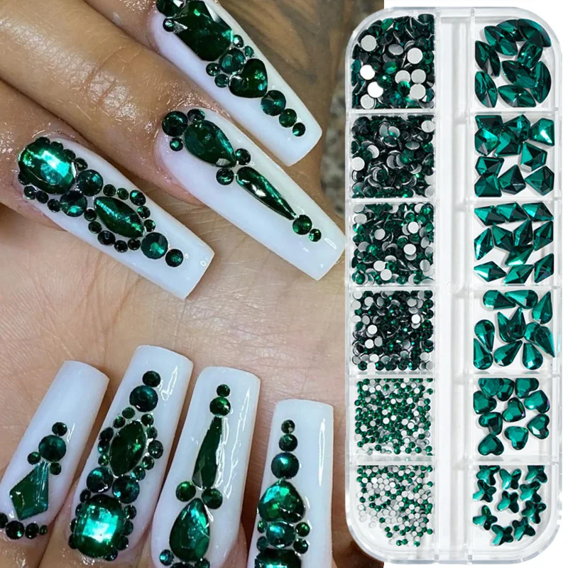 Стразы разноцветные для ногтей 12 цветов разных размеров бриллианты AB с плоской