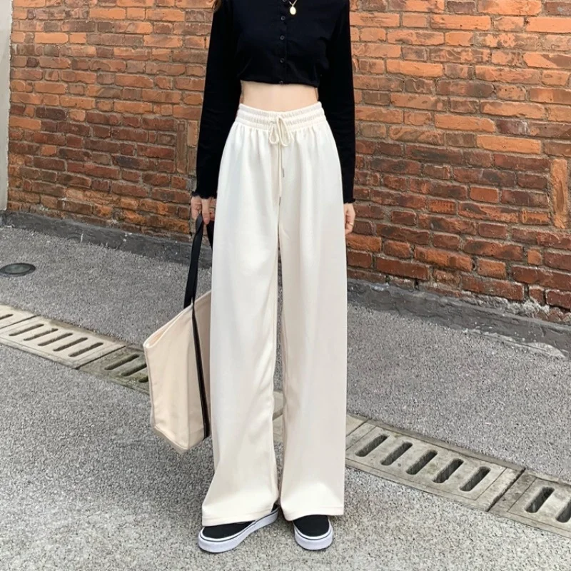 White Wide Leg Pants Women's Autumn 2021 New High Waist Hanging Loose Show Thin Drawstring Straight Sports | Женская одежда