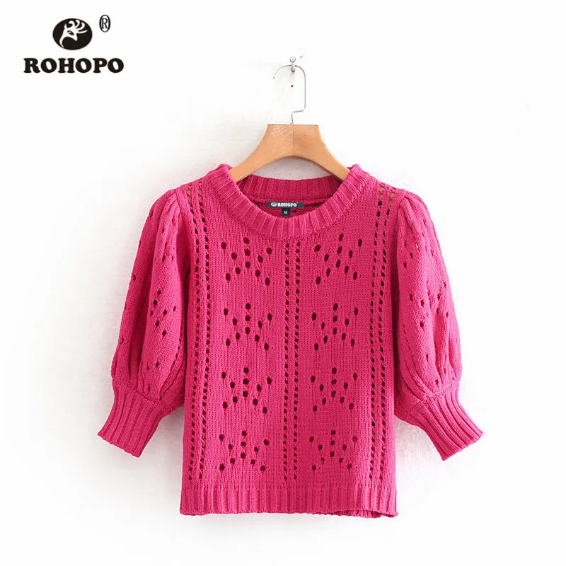 ROHOPO Deep Pink Knitted Solid Tops Outwear Round Collar Puff Half Sleeve Ladies Chic Cute Winter Sweater #9560 | Женская одежда