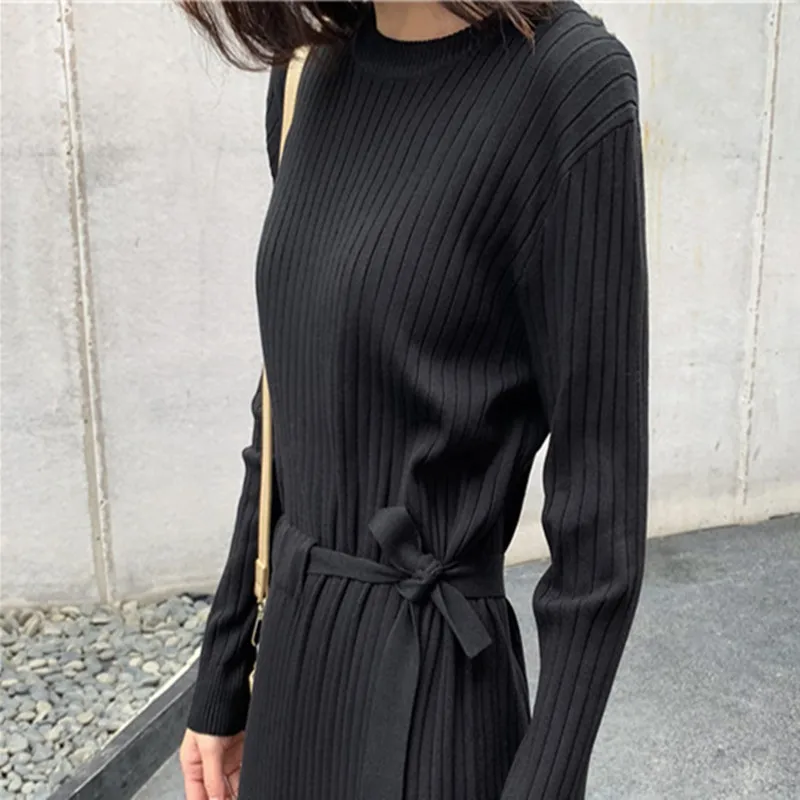 

New Spring Autumn Women Knitted Dresses Plus Size Sashes Solid Free Size O-Neck Long Sleeve Dress For Women Knitted One-Piece
