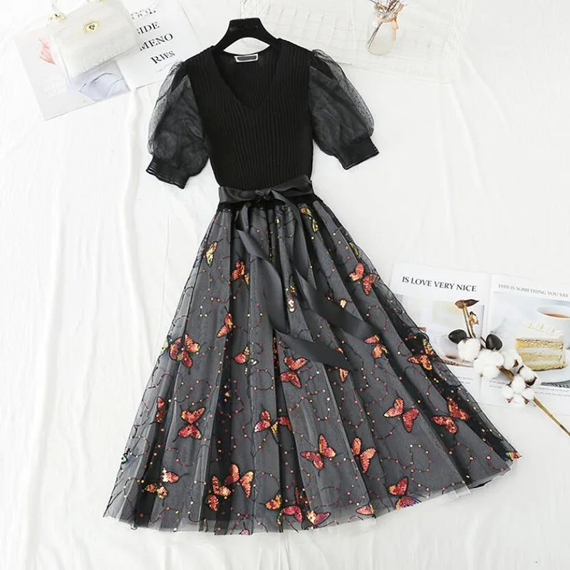 

Summer Dress 2021 New Women Knitted patchwork Lace Embroidered Elegant A-line Dress High waist Vintage Black Long Dress