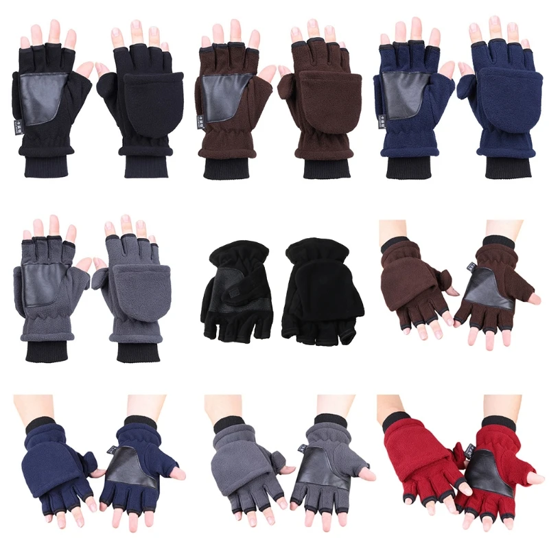 

Women Men Winter Polar Fleece Half Finger Flip Gloves Double Layer Thicken Touch Screen Fingerless Convertible Mittens Wrist