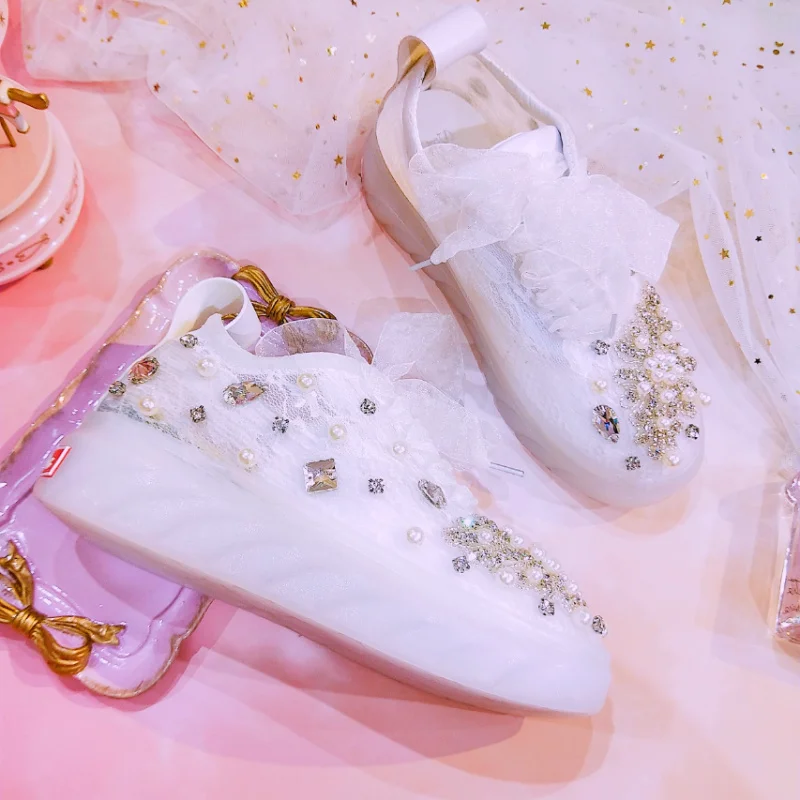 2019 Новинка осени модные стразы жемчуг японский кеды кружевное дышащее нижнее