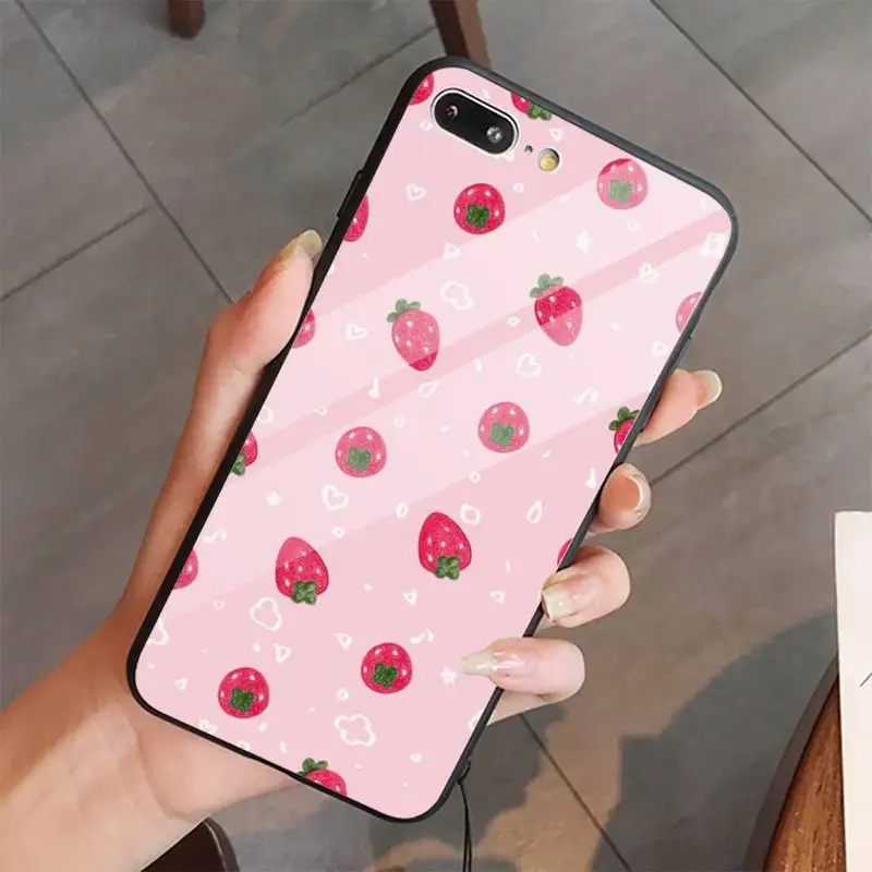 

Pink Cherries Cherry Strawberry Phone Case Tempered glass For iphone 5C 6 6S 7 8 plus X XS XR 11 PRO MAX