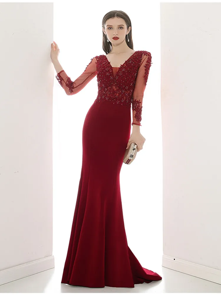 Сексуальное вечернее платье русалки с v-образным вырезом и длинным рукавом