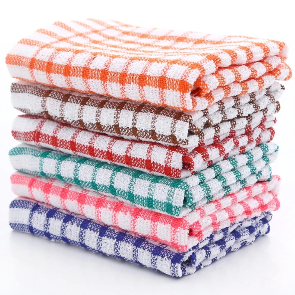 

6Pcs Cotton Kitchen Tea Towels Absorbent Lint Free Catering Restaurant Plaid Cloth Dish Towels