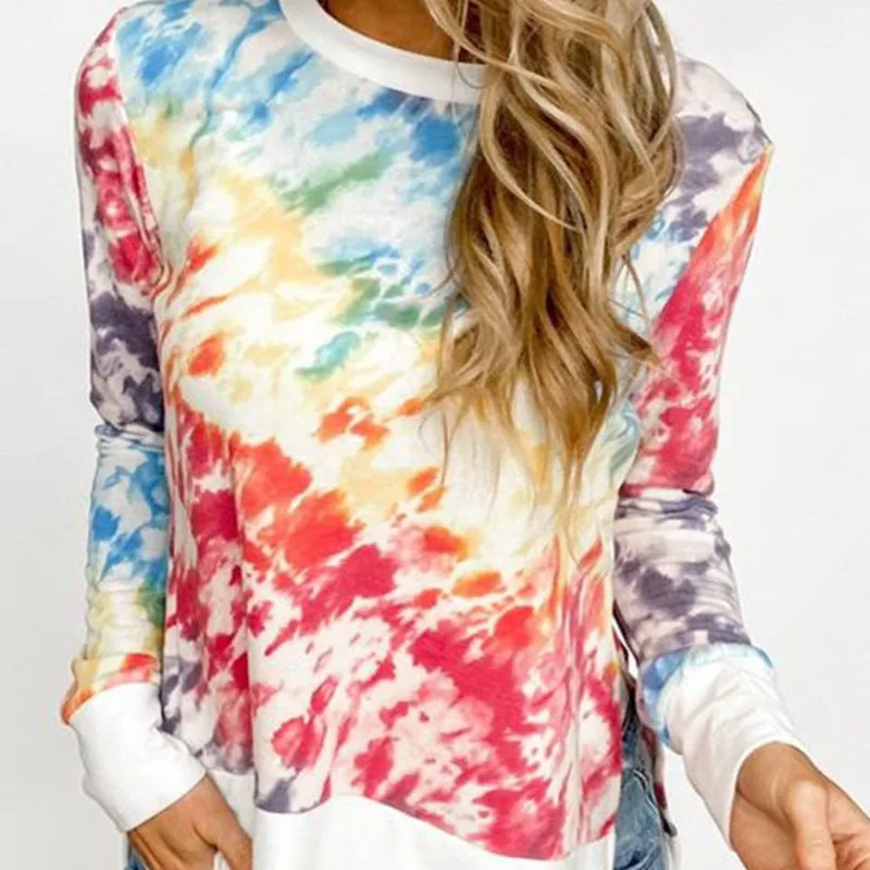 

Autumn 2021 Women Sweatshirts Tie Dye Printing Gradient Round Neck Shion Casual Vintage Aesthetic Long Sleeve Pullover Tops
