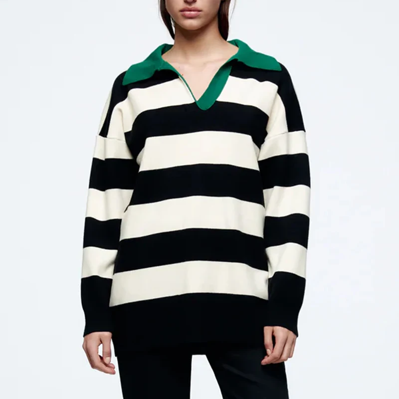 

Za 2022 Women Striped Knitted Sweater Autumn Winter Long Sleeve Sweater Fashion Warm Loose Coats Casual Soft Splicing Tops