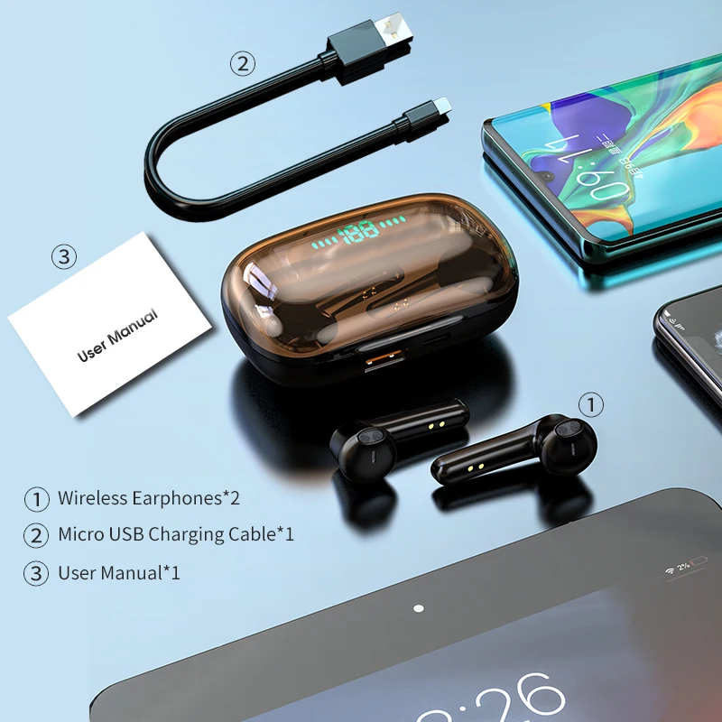 

bluetooth tws headset earbuds true wireless earphones hifi with microphone for phones blue tooth in ear buds 1500mAh charge case