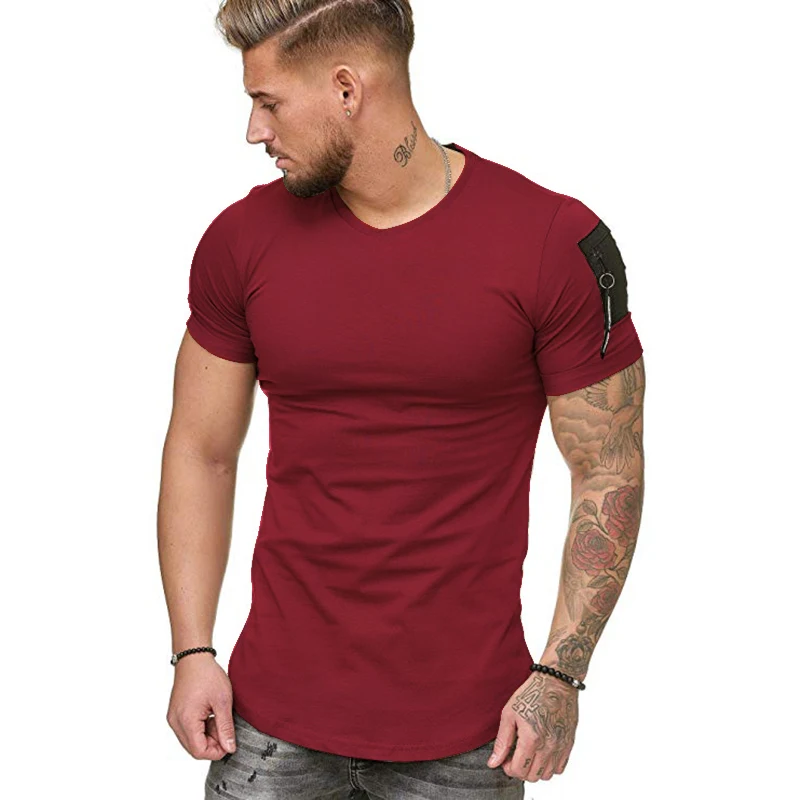 

Short Sleeve Zipper Shoulder Streetwear Hip Hop Summer T Shirt Men Longline Curved Hem Tshirt Slim Funny T-Shirt Plus Size M-3XL