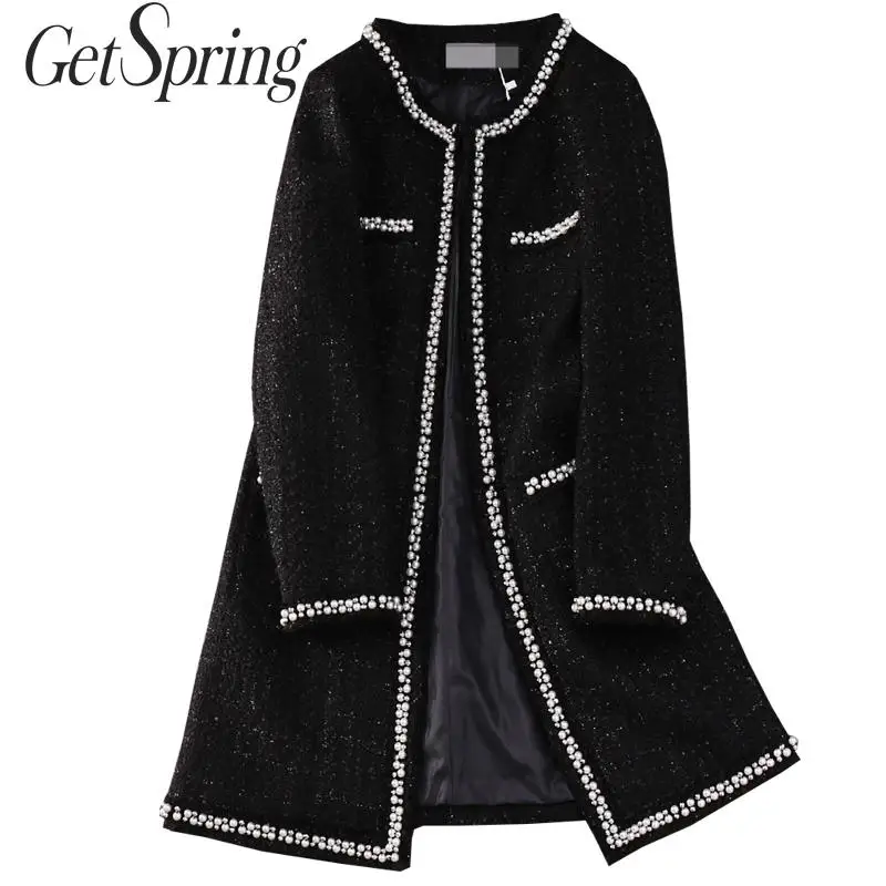 Getвесеннее Женское шерстяное пальто с жемчугом и круглым вырезом размера плюс
