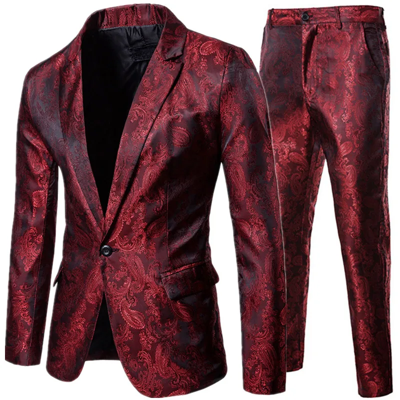 

New Men's Coat Pants 2 Pieces Suit Sets / Male Print Party Nightclub Luxury Style Single Buckle Slim Blazer Jacket Trousers