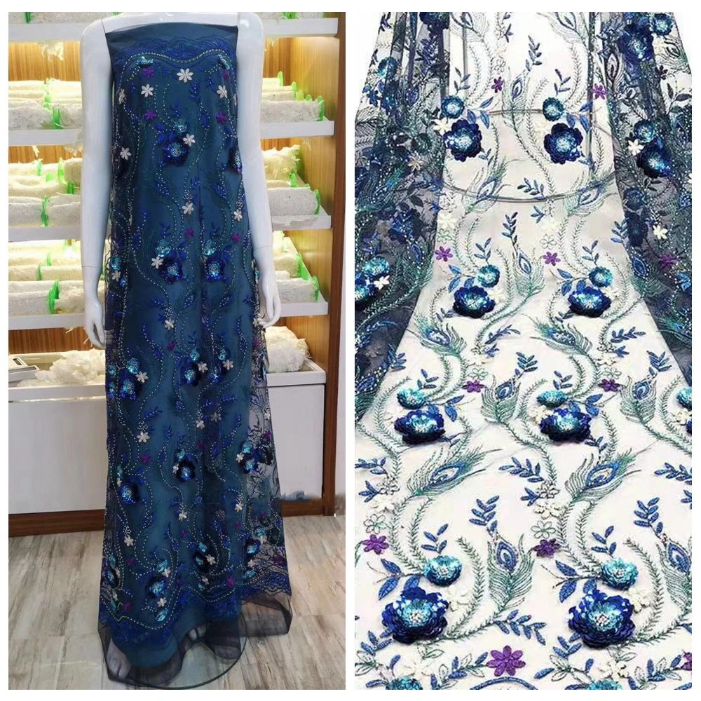 

New Blue sequins 3D flowers with beads on mesh embroidery lace Fabric Wedding Haute Couture Fabric bubble dress lace fabric