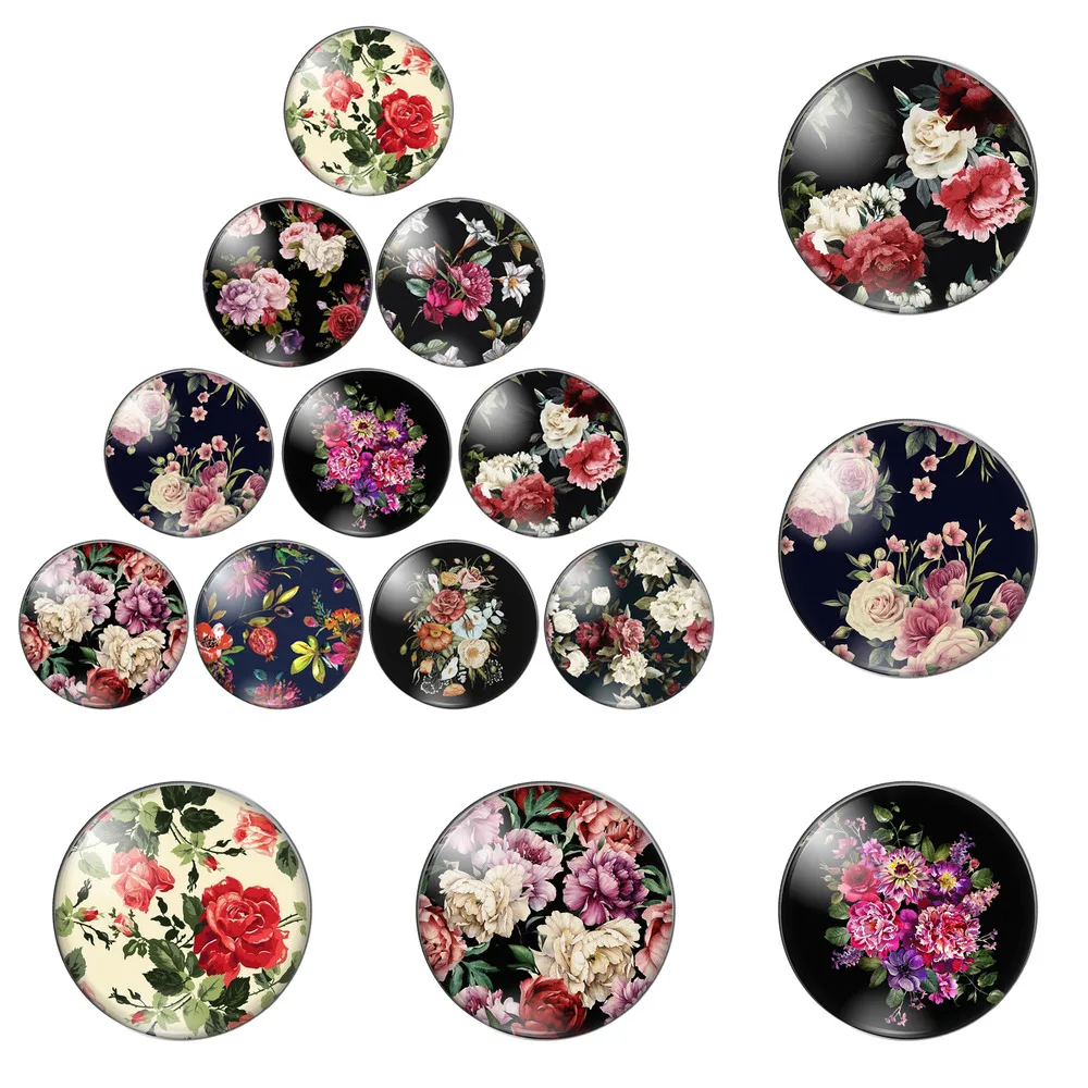 

12pcs/lot Pretty Sketch Flower Colorful Endearing Vitality 8mm-30mm Photo Glass Cabochon Demo Flat Back Making Findings