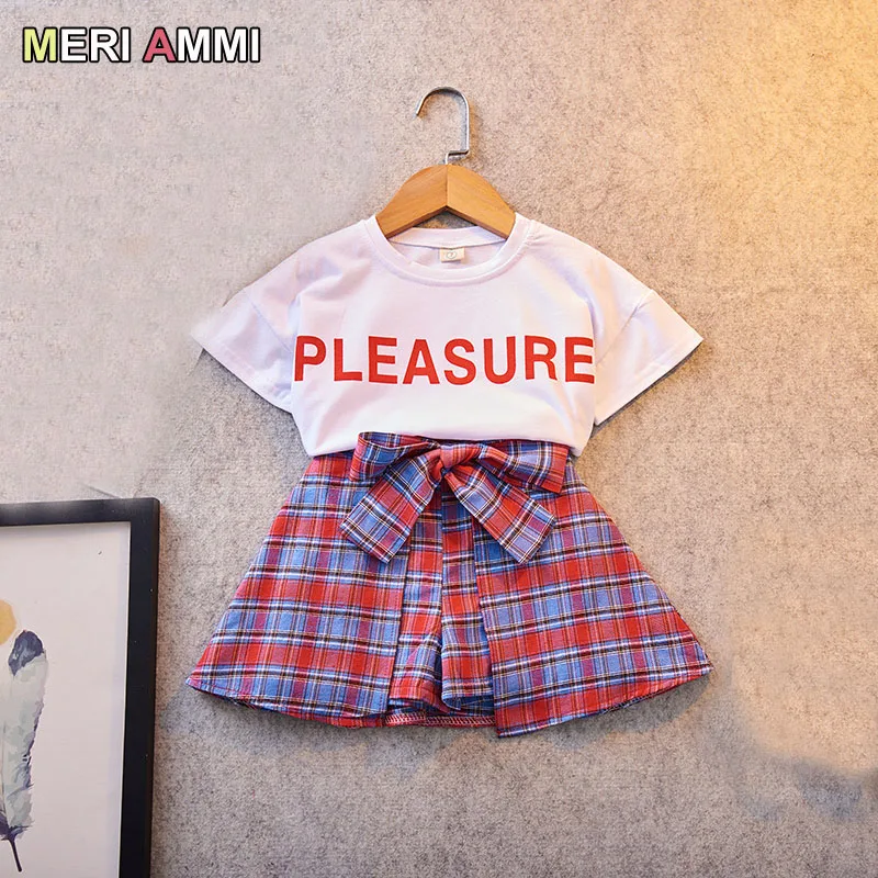 plaid MERI AMMI комплект одежды для девочек с героями мультфильмов, футболка без рукавов с героями мультфильмов+ шорты с бантом, комплект одежды для девочек возрастом от 2 до 7 лет J517 - Цвет: plaid