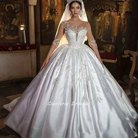 queen scoop three quarter sleeve dubai arab ball gown wedding dress illusion crystal appliques saudi arabic bridal gown