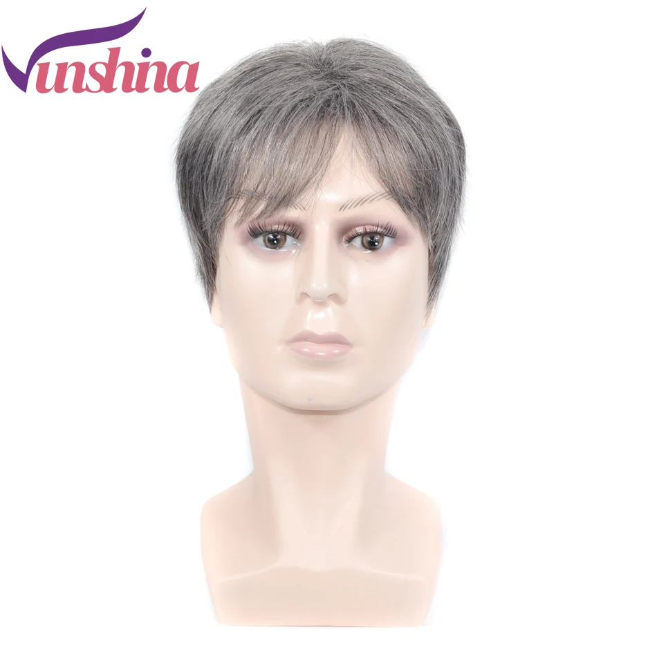 

Vunshina Men Synthetic Wig Silver Grey Short Straight Heat Resistant Natural Wigs For Male Fake Hair Fleeciness Realistic Toupee