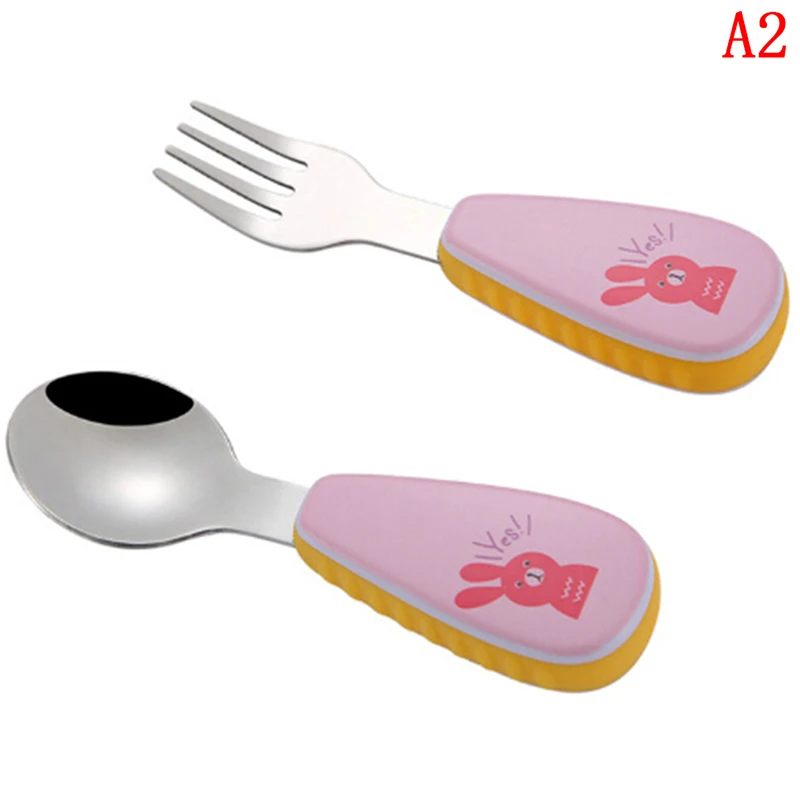 Cuchara infantil de dibujos animados de acero inoxidable 304, tenedor para aprender a comer, suplemento de alimentos para beb&eacute;s, juego de cubiertos port&aacute;til-3