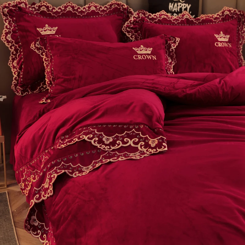 Красная корона вышивка зимний бархатный фланелевый флисовый кружевной комплект