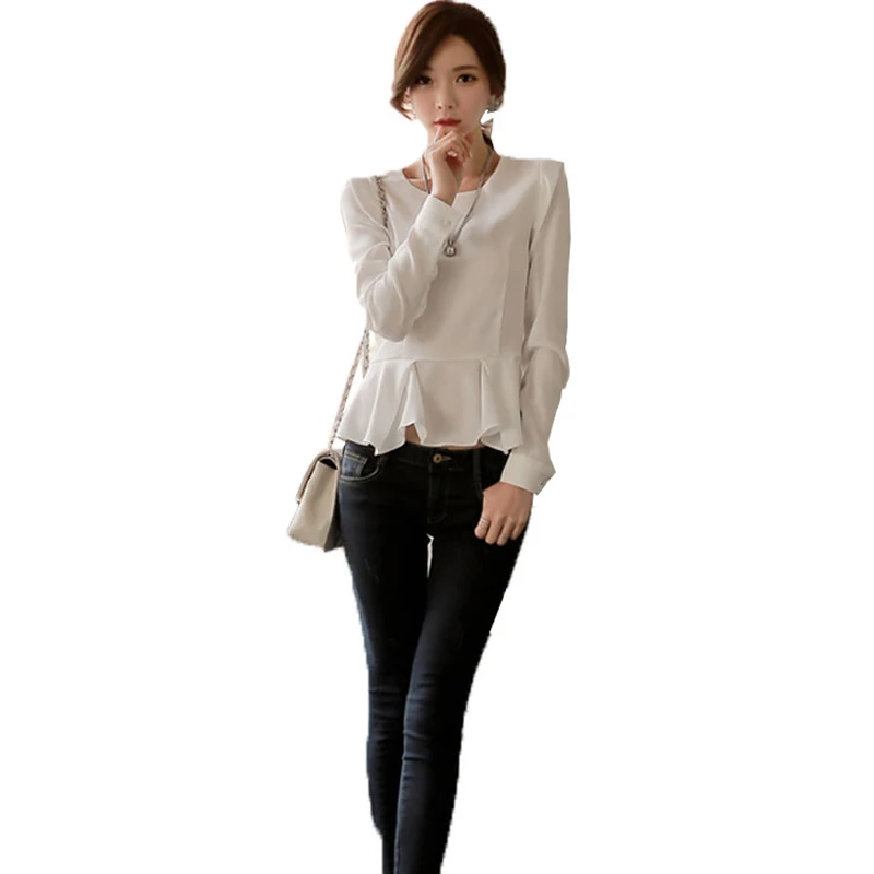 

COIGARSAM Ruffles blouse women New Spring Full Sleeve Solid O-Neck blusas womens tops and blouses White 855