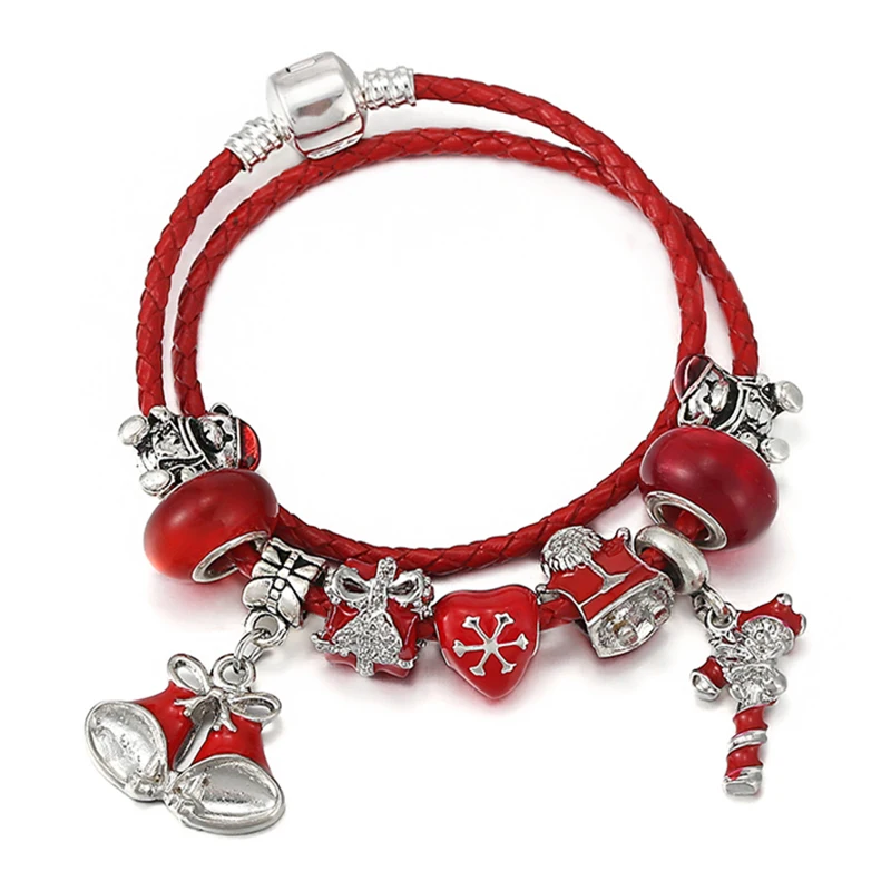 

Red Double Loop leather Rope Charm Bracelet With Scepter Bell Pendants DIY Brand Bracelet Christmas Jewelry Gift For Women Kids