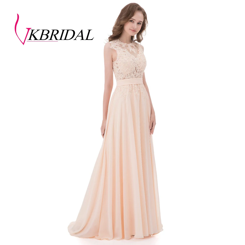VKBRIDAL длинные платья подружки невесты розовые шифоновые аппликационные кружева