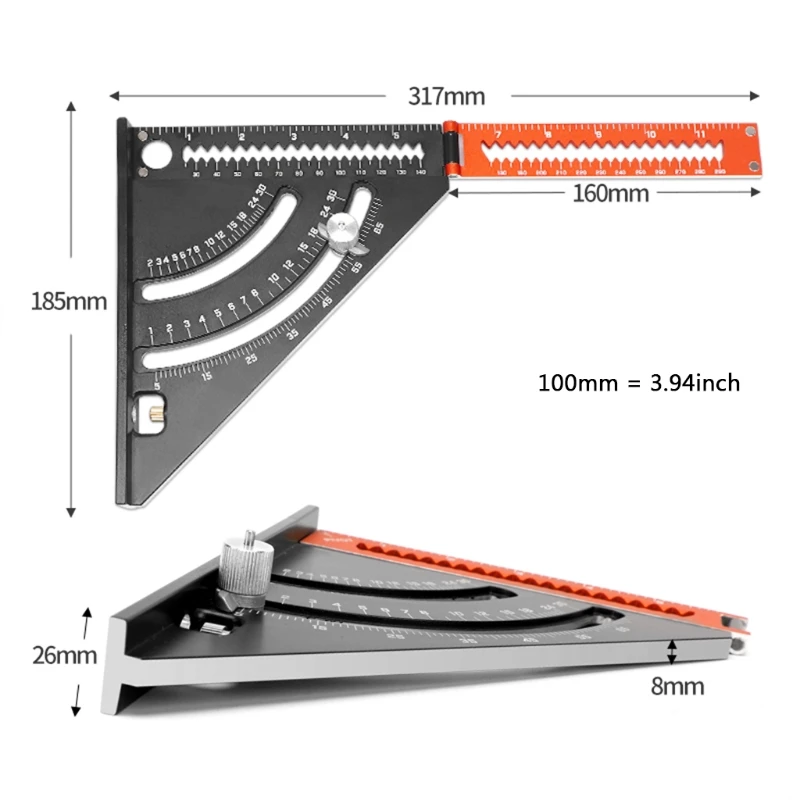 

Woodworking Scribe Scale Ruler Multifunctional Metric Inch Scribe Ruler Aluminum Alloy Triangle Square Ruler