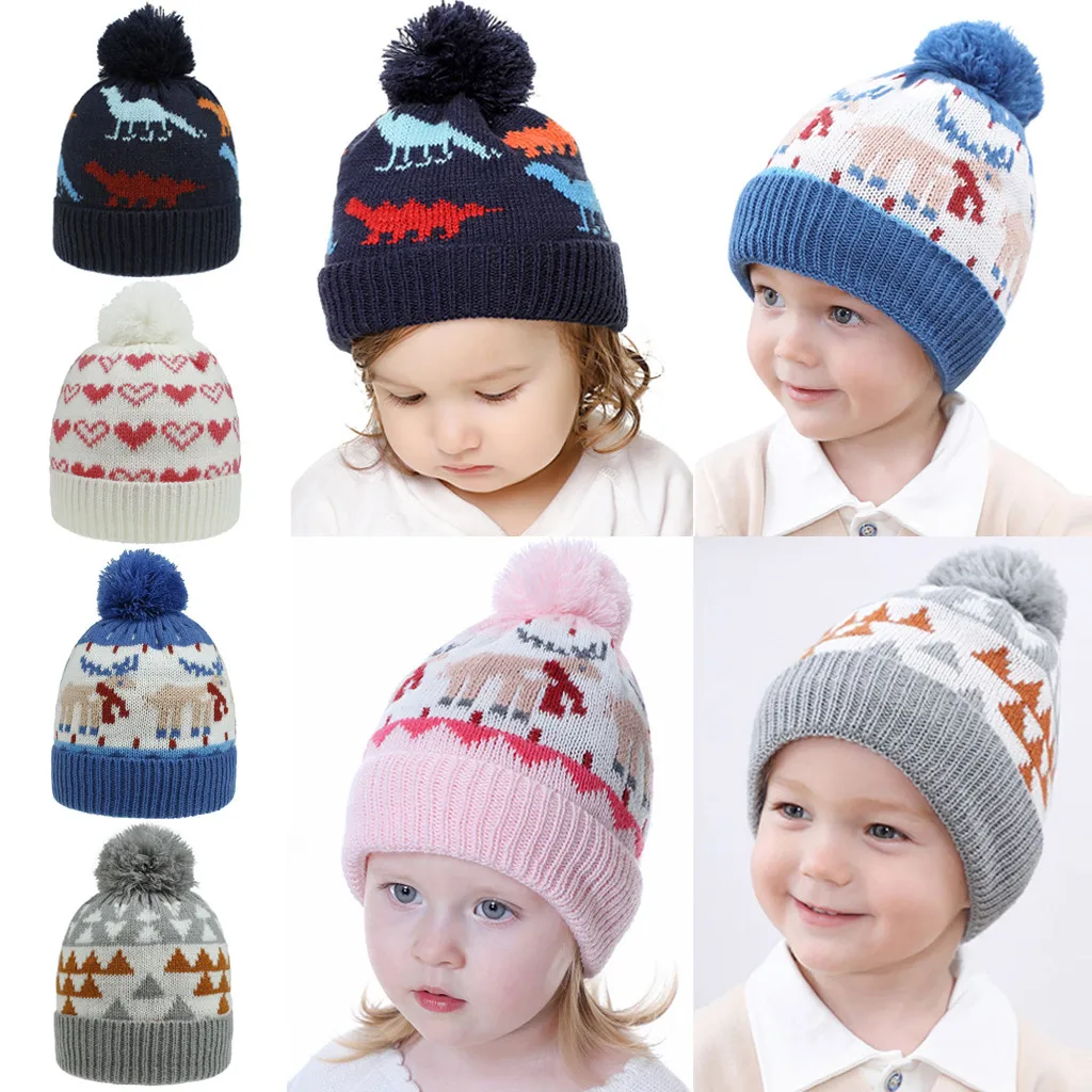 Детская шерстяная шапка Теплая вязаная с рисунком динозавра для мальчиков и