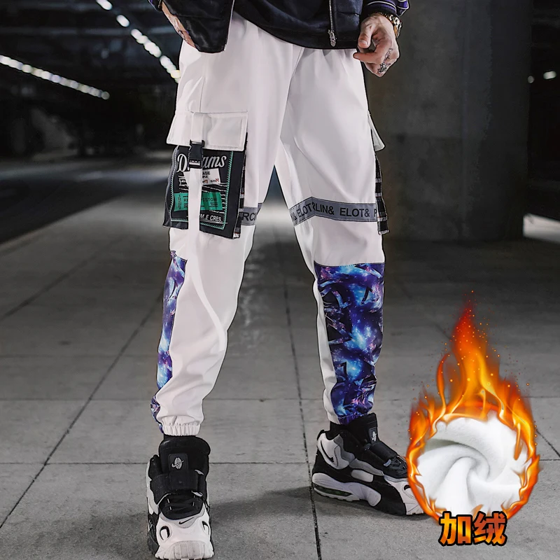 Мужские бархатные брюки-карго толстые в стиле хип-хоп уличная одежда пэчворк