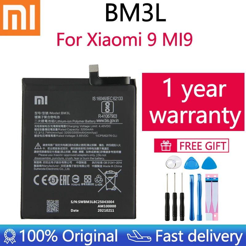 

Xiao mi 100% Orginal BM3L 3300mAh Battery For Xiaomi 9 Mi9 M9 Mi 9 BM3L High Quality Phone Replacement Batteries +Tools