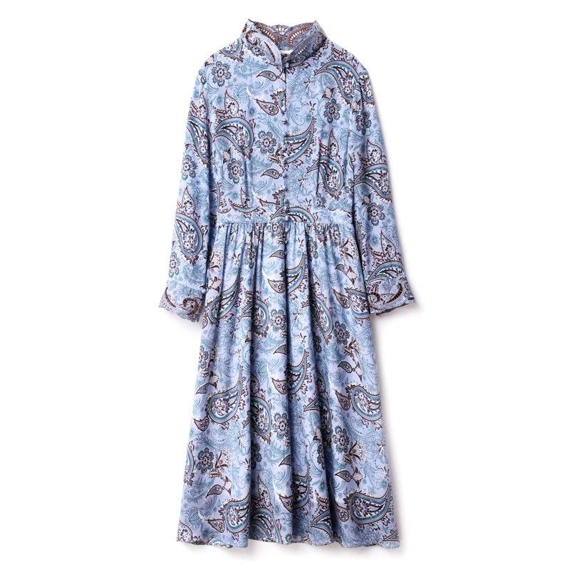 

100% Natural Silk Women's Dresses Embroidery Stand Collar 3/4 Sleeves Printed Elegant Casual Dress Vestidos