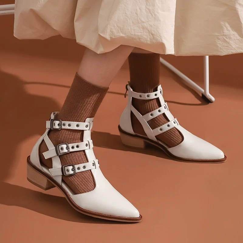 

Metal decoration High Heels Summer Boots Sweet Zipper Pointed Toe Shoes Woman Heels Genuine Leather Wedding Basic Boots white