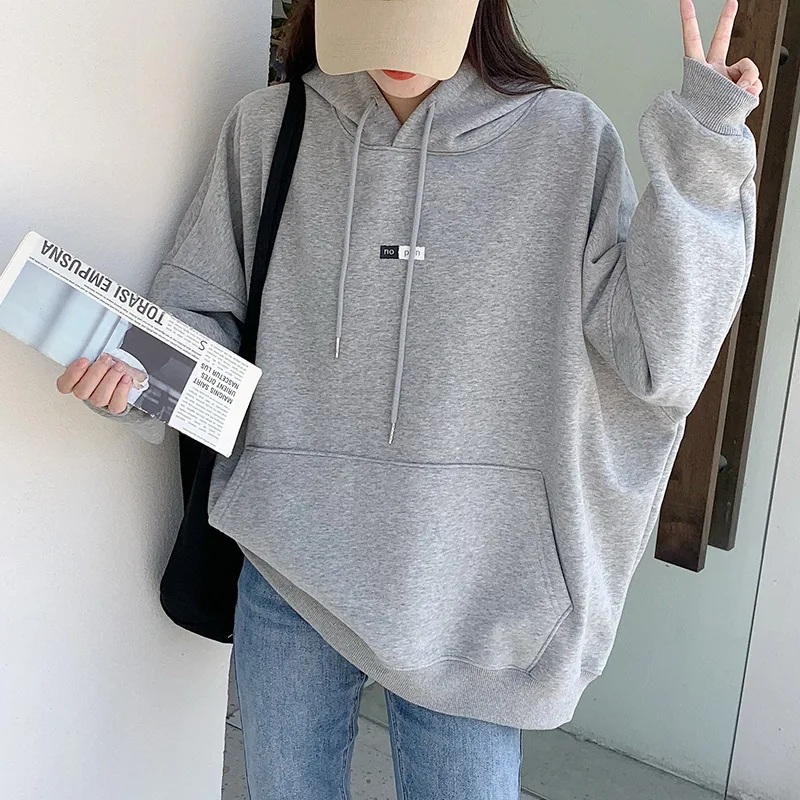 

Winter Women's Plain Fleece Basic Hoodie Coats Large Size Simple Thicken Cotton Blend Casual Hooded Sweatshirt Kangraoo Pocket