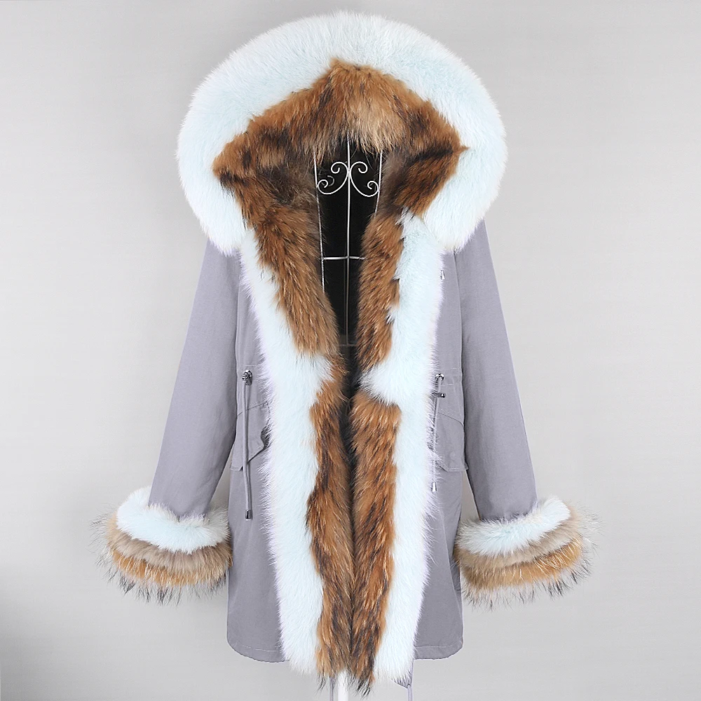Women Winter Real Fur Coat Natural Fur Jacket Large Raccoon Fur Collar Hooded Thick Warm Streetwear Detachable Long Parka