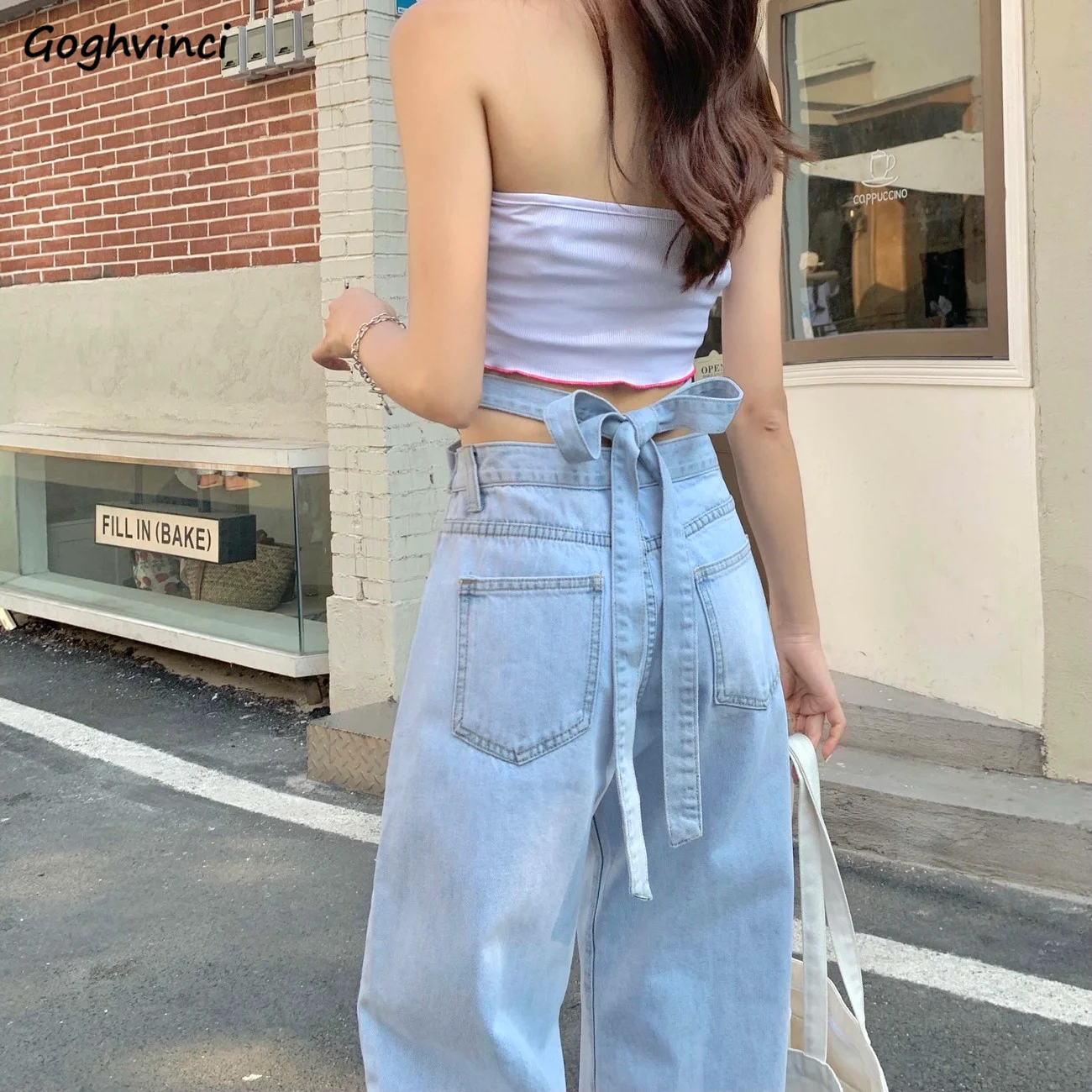 

Джинсы женские со шнуровкой, милые студенческие кавайные модные повседневные уличные костюмы в стиле ольччан, прямые стильные свободные дж...