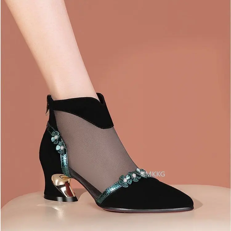 Босоножки женские сетчатые с острым носком на высоком каблуке молнии со стразами