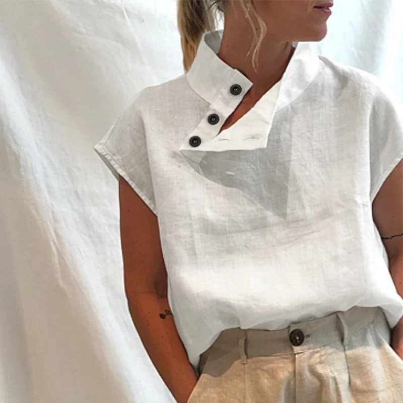 

Solid Summer Short Sleeve Solid Shirts Cotton Linen Tops Blouses Ladies Simple Stylish Casual Shirt