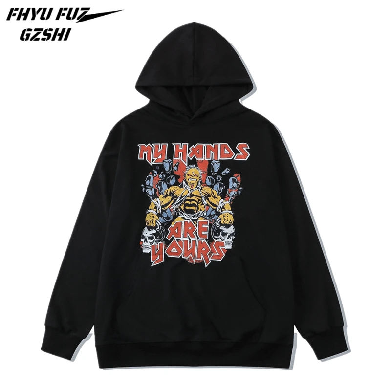 

Streetwear Black Tops 2022 Mens Edgy Punk Loose Long Sleeve Hoodies Gothic Cartoon Print Pullovers Women Cotton Hoodies WY13