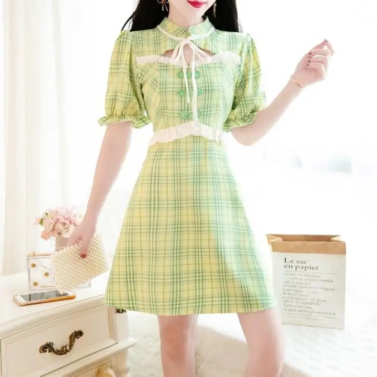 

Retro small fragrance style new girl cheongsam Chinese clothing bubble sleeve bow plaid dress