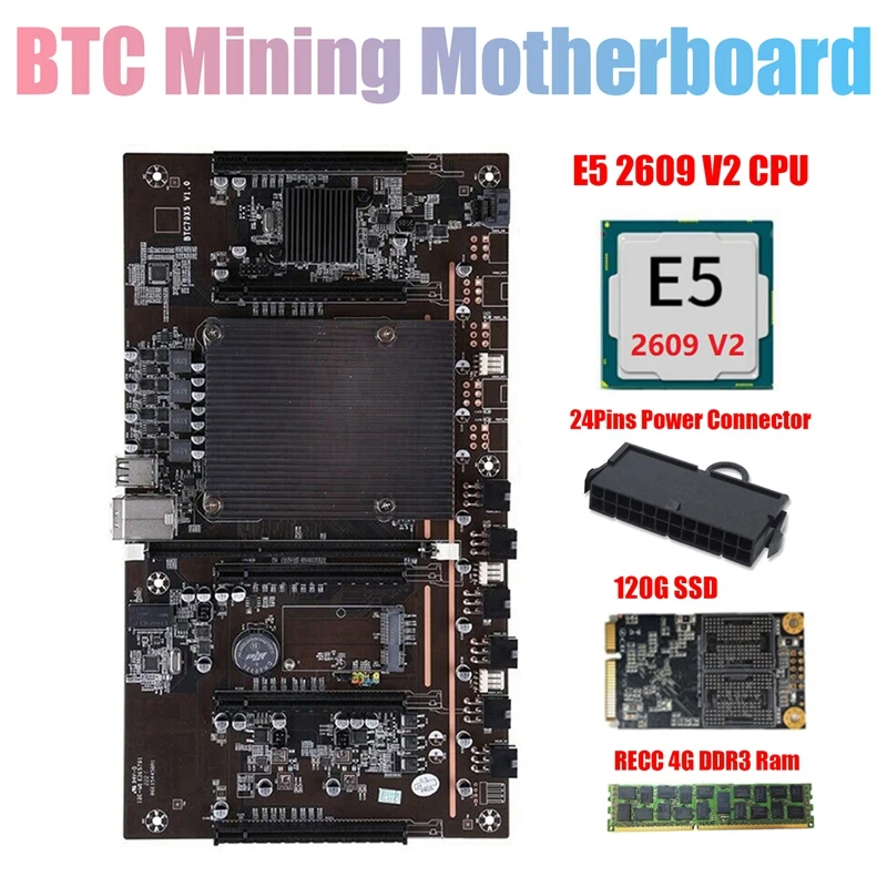 

Материнская плата H61 X79 для майнинга BTC с ЦП E5 2609 V2 + RECC 4G DDR3 ОЗУ + 24-контактный разъем + 120G SSD Поддержка 3060 3070 GPU