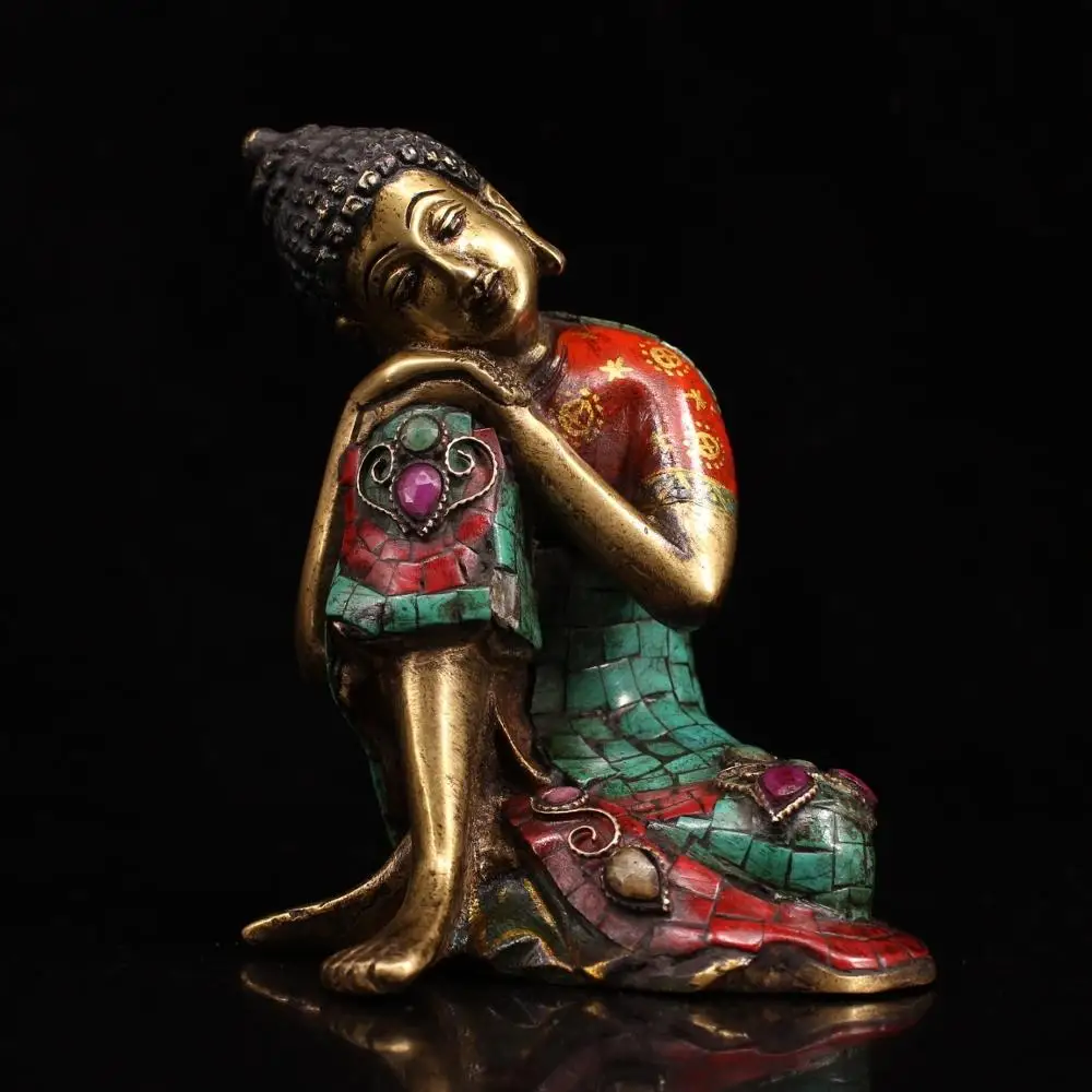 

6" Nepal Buddhism Temple Old Bronze gem Painted outline in gold Free buddha Sleeping buddha Shakyamuni Buddha Statue Amitabha