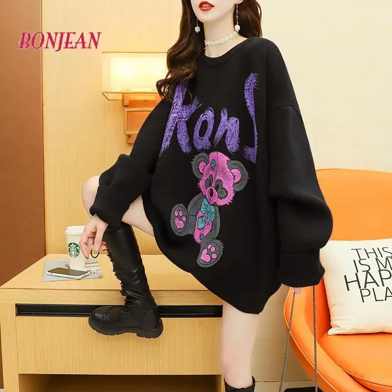 

Round-Neck Women's Knitted Sweater Clothes Plus Size 2020 Winter Warm Long Sleeve Teddy Bear Loose Pattern Korean Knit Sweater