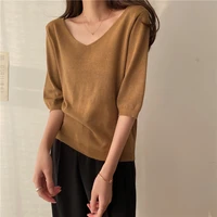 hzirip 2021 solid chic femme short sleeves v neck streetwear girls tops casual summer loose all match basic stylish t shirt